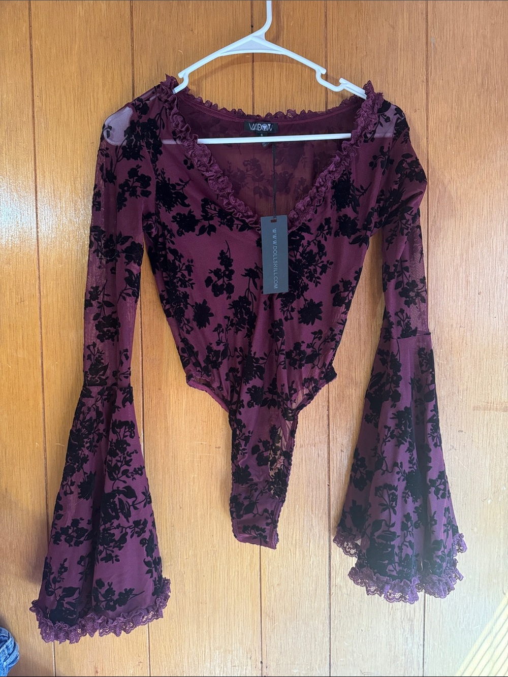 Dolls Kill Plum Velvet Burnout Floral Lace-Trim Bell Sleeve Bodysuit